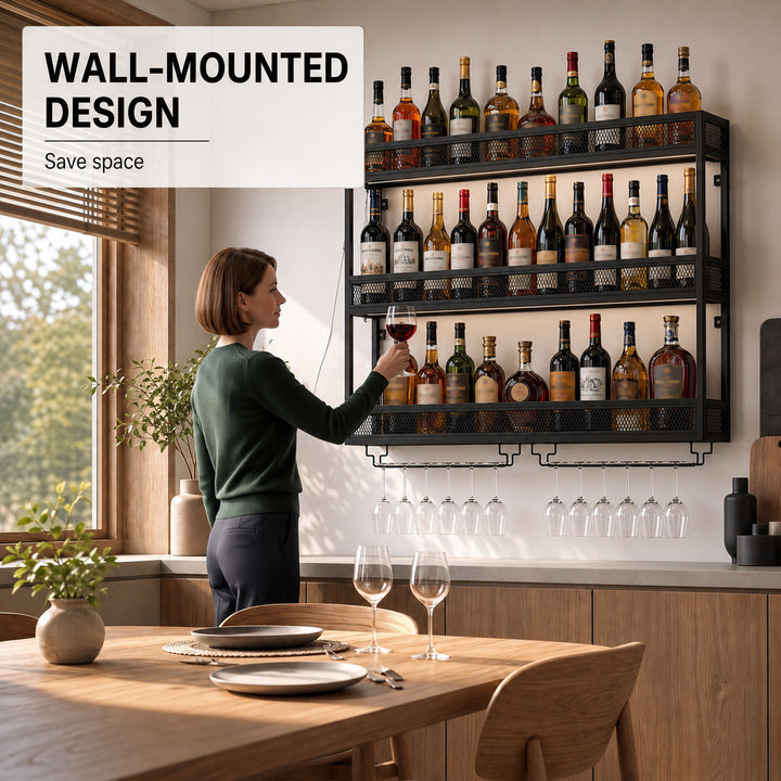 Wall-Mounted Wine Rack with LED Lights, Glass Holders, Open Shelf - view 6