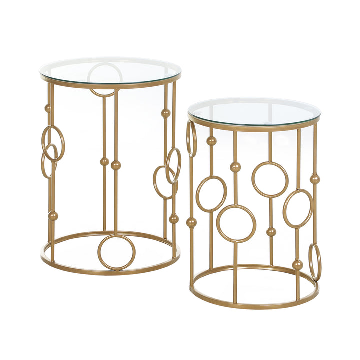 Round Coffee Tables Set of 2, Gold Nesting Side End Tables with Tempered Glass Top, Steel Frame for Living Room, Gold