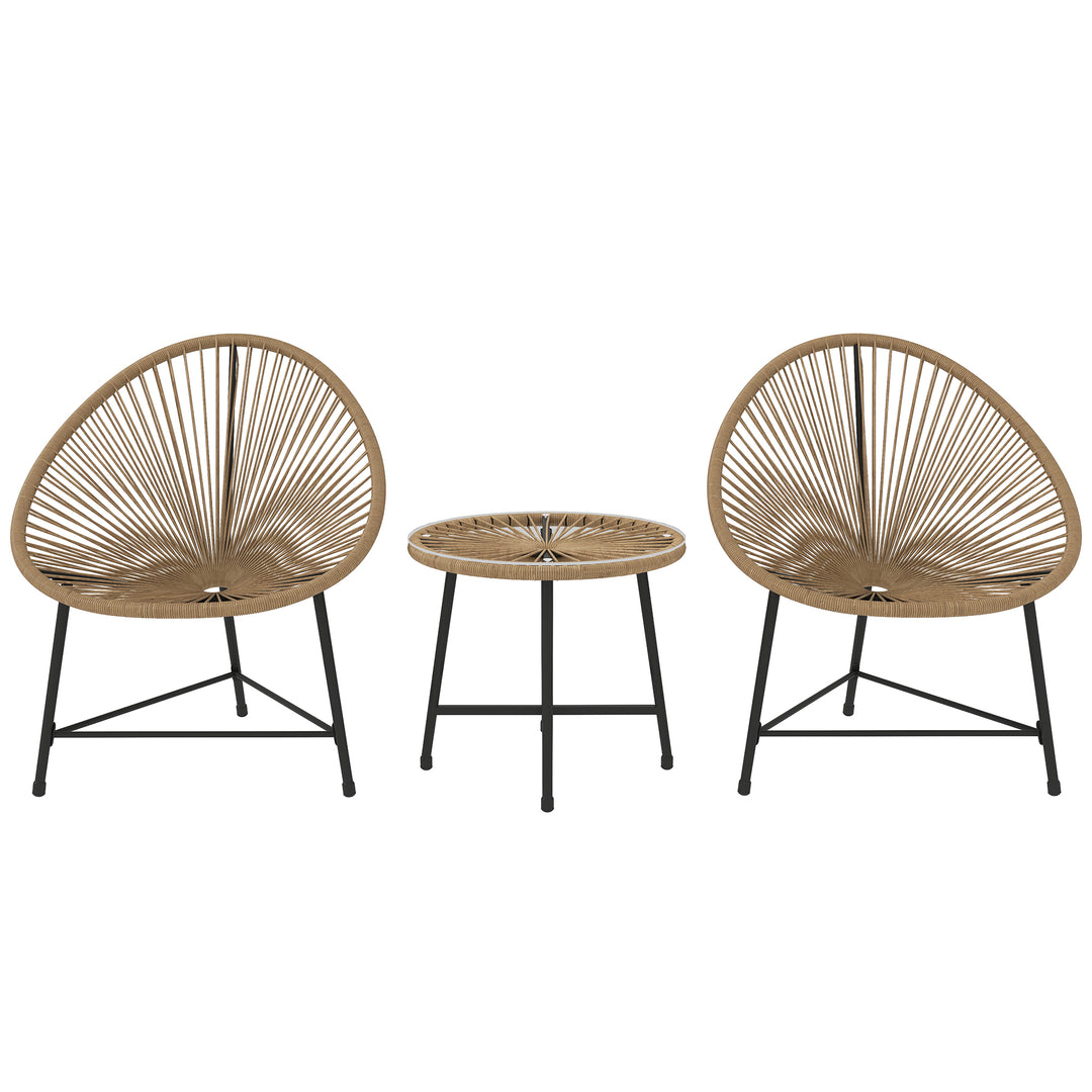 3 Pieces Rattan Bistro Set, Garden Bistro Set with Acapulco Chairs and Glass Top Table, Small Garden Furniture Set with Reinforced Metal Frame for Outdoor, Patio, Balcony, Natural