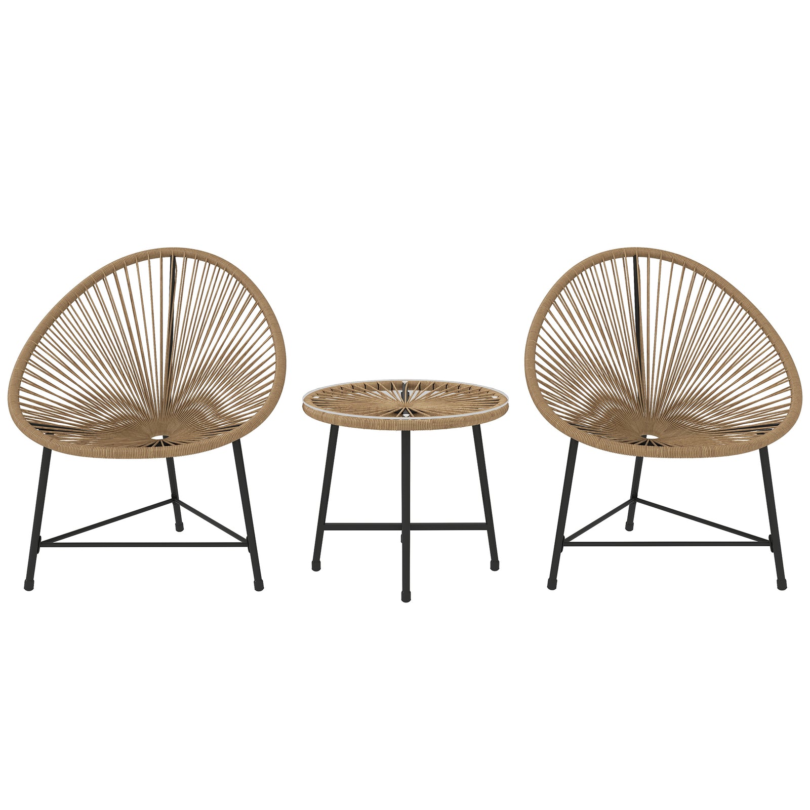 3 Pieces Rattan Bistro Set, Garden Bistro Set with Acapulco Chairs and Glass Top Table, Small Garden Furniture Set with Reinforced Metal Frame for Outdoor, Patio, Balcony, Natural