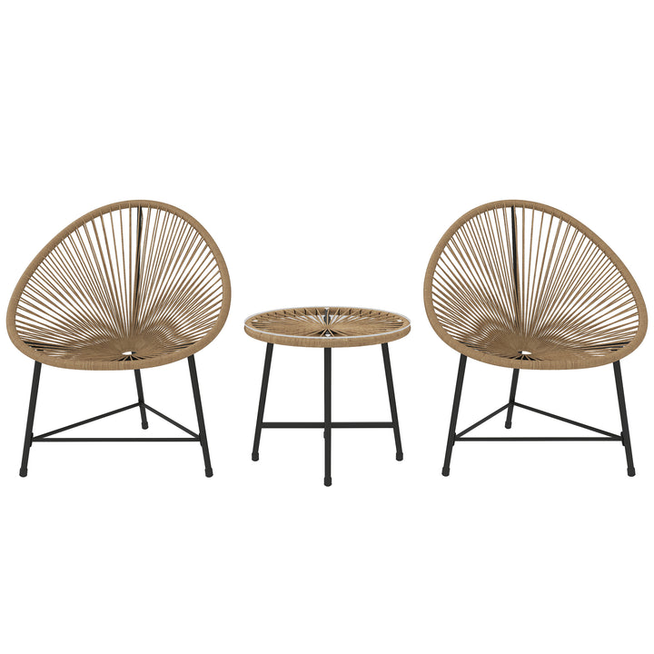 3 Pieces Rattan Bistro Set, Garden Bistro Set with Acapulco Chairs and Glass Top Table, Small Garden Furniture Set with Reinforced Metal Frame for Outdoor, Patio, Balcony, Natural