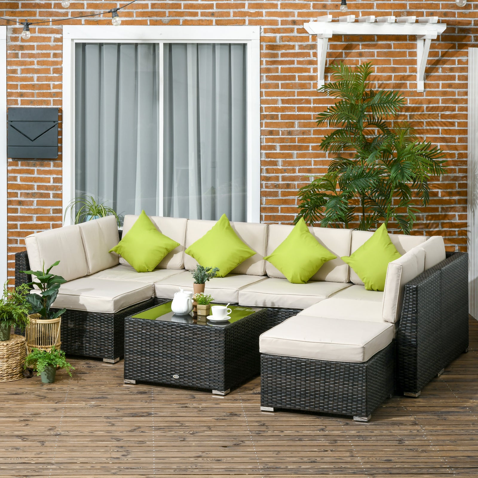 7-Seater PE Rattan Corner Sofa Set, Garden Furniture Set, Patio Wicker Sofa Seater w/ Cushion, Washable Cushion Cover & Tempered Glass Table, Brown