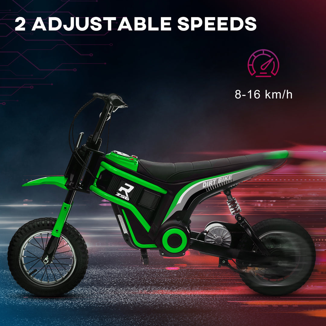 HOMCOM 24V Electric Motorbike, Dirt Bike with Twist Grip Throttle, Music Horn, 12" Pneumatic Tyres, 16 Km/h Max. Speed, Green