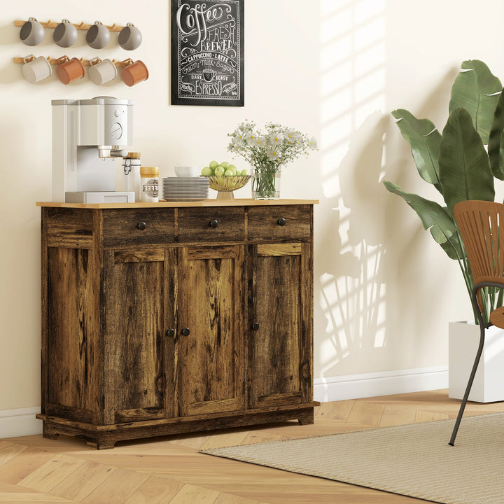 Sideboard with Rubberwood Top and Adjustable Shelves for Dining Room, Kitchen - Rustic Brown