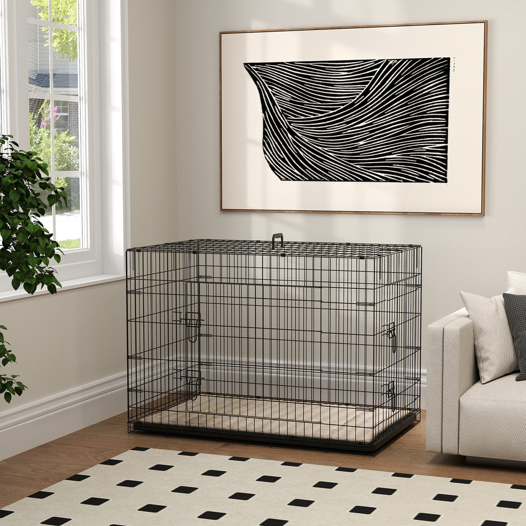 Foldable Dog Crate with 2 Doors with Tray, Soft Cushion, for Extra and Large Dogs, 105 x 70 x 75, Black