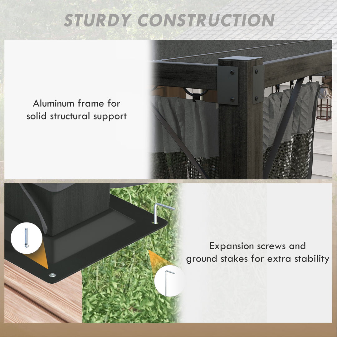 Outsunny 3 x 4m Retractable Pergola, Garden Gazebo Shelter with Nettings, for Grill, Patio, Deck, Dark Grey