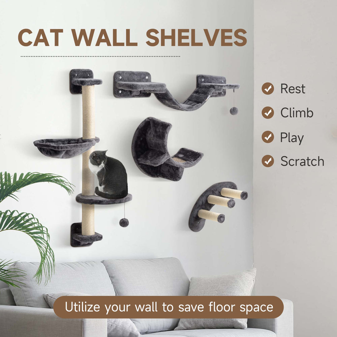Four-Piece Cat Wall Furniture, with Hammock, Ladder, Platforms, Steps, for Indoor Use - Dark Grey