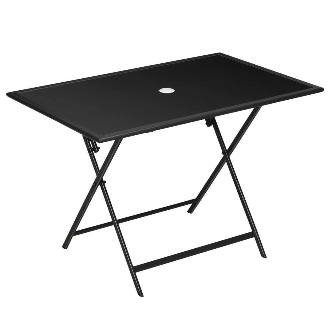 Folding Outdoor Dining Table for 6, Rectangle Garden Table Tempered Glass Top with Parasol Hole Garden Lawn Backyard, 110 x 70 x 70 cm