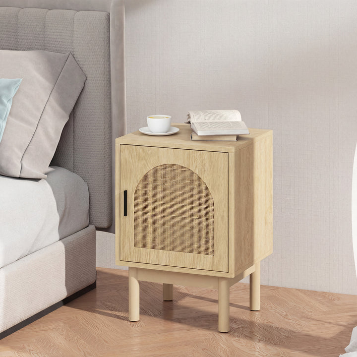 Rattan Bedside Table for Bedroom - Natural Wood