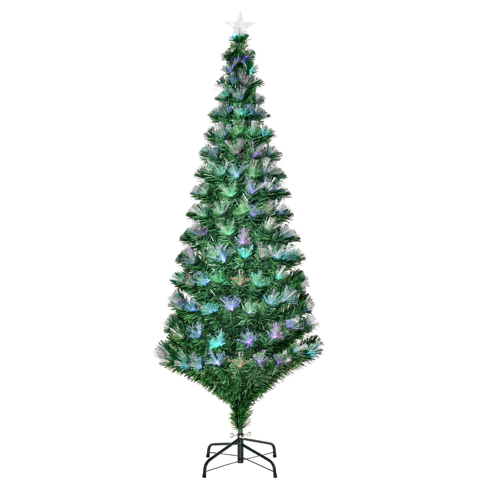 6FT Multicoloured Artificial Christmas Tree w/ Fibre Optic Lights Pre-Lit Modes Metal Stand Star Holder Home Seasonal Decoration