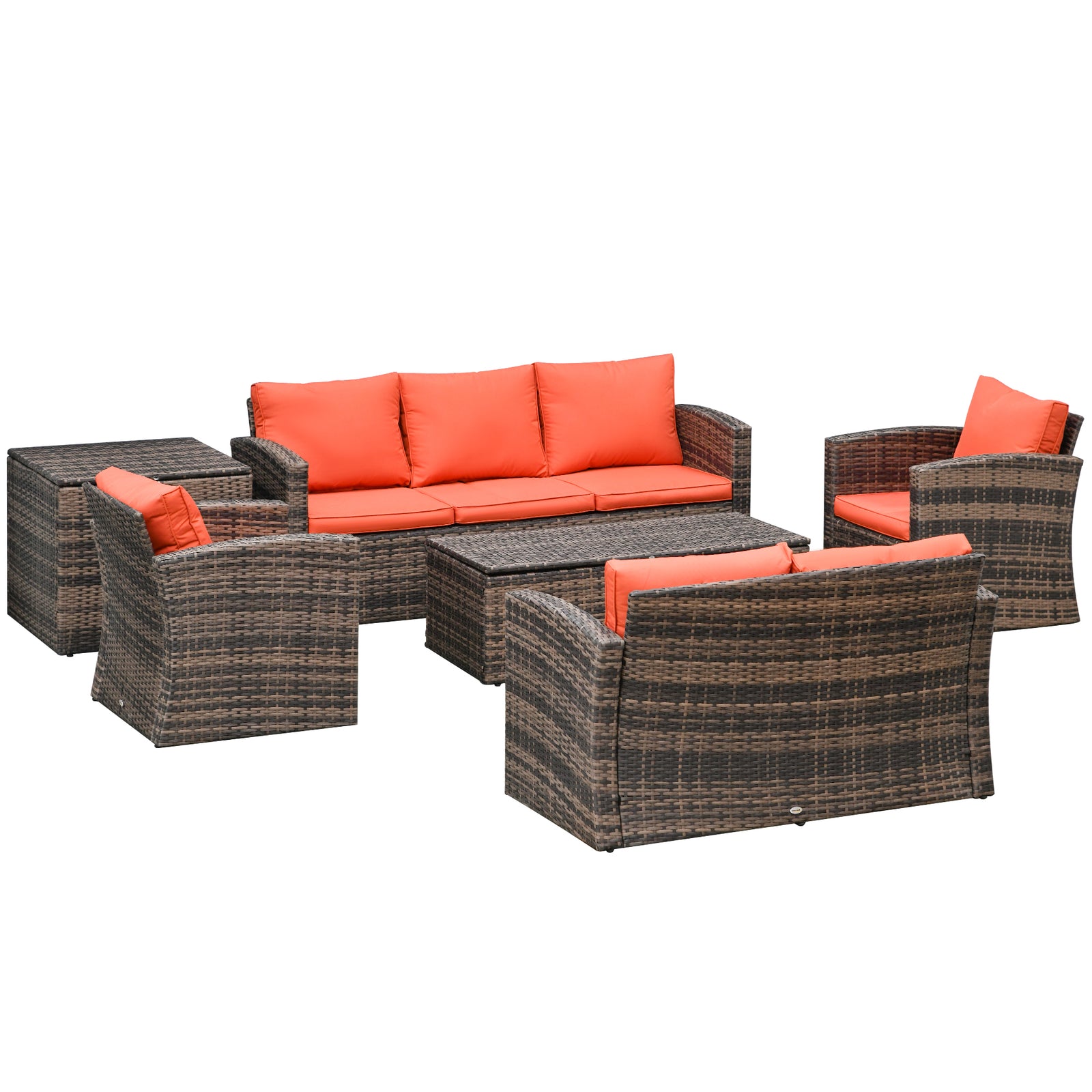 6 Pieces Rattan Garden Furniture Set, 7 Seater Wicker Outdoor Furniture Set with Storage Tea Table & Side Table, Sectional Garden Sofa Set with Cushions, Orange