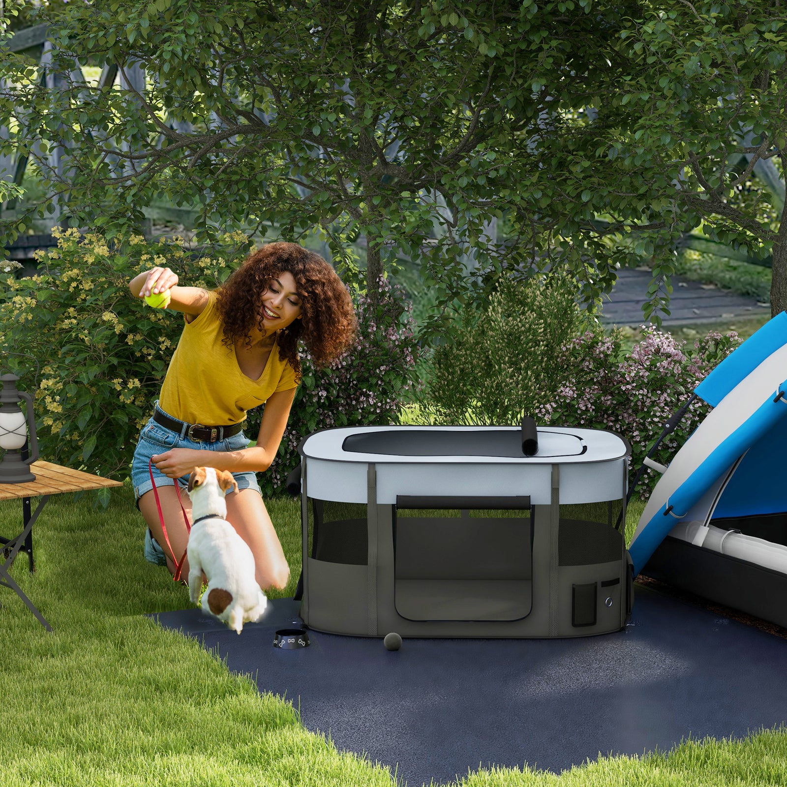 Foldable Dog Pen with Storage Bag for Indoor/Outdoor Use, Portable Pet playpen, with Ground Stakes - Grey