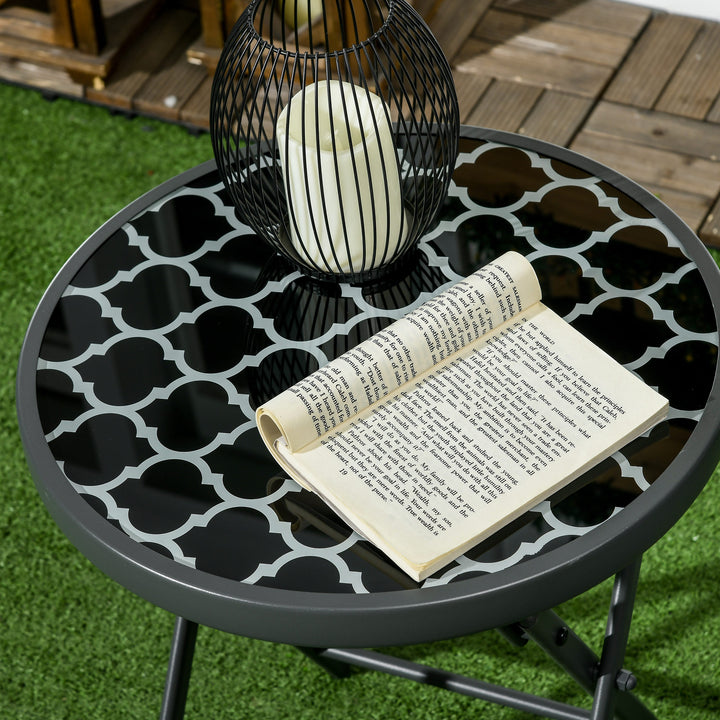 Φ45cm Garden Side Table, Outdoor Round Folding Patio Table with Imitation Marble Glass Top, Small Coffee Table, Black and White