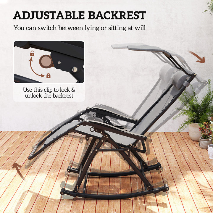 MCL Garden Rocking Chair Folding Recliner Outdoor Adjustable Sun Lounger Rocker Zero-Gravity Seat with Headrest Side Holder Patio Deck - Grey