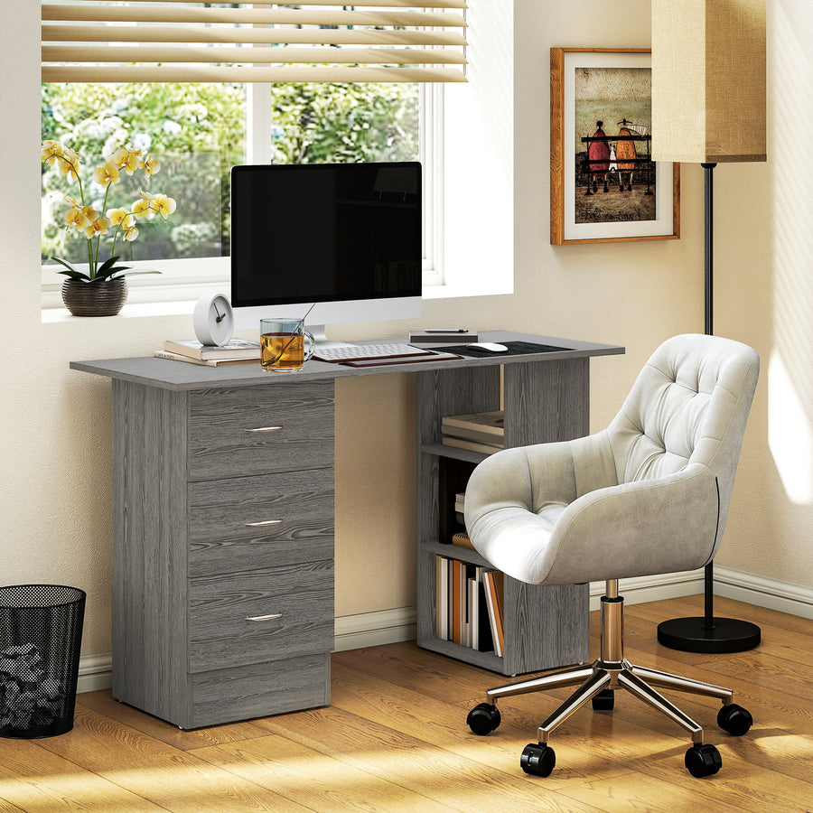 Computer Desk, Writing Table, PC Workstation with 3 Storage Shelves and Drawers, Silver Handle, for Home Office, Grey