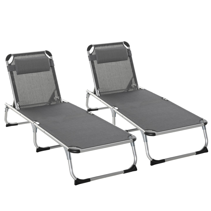 Outsunny Reclining Sun Lounger Set: Foldable with Pillow, Aluminium Frame, Camping Cot, Slate Grey | Aosom UK