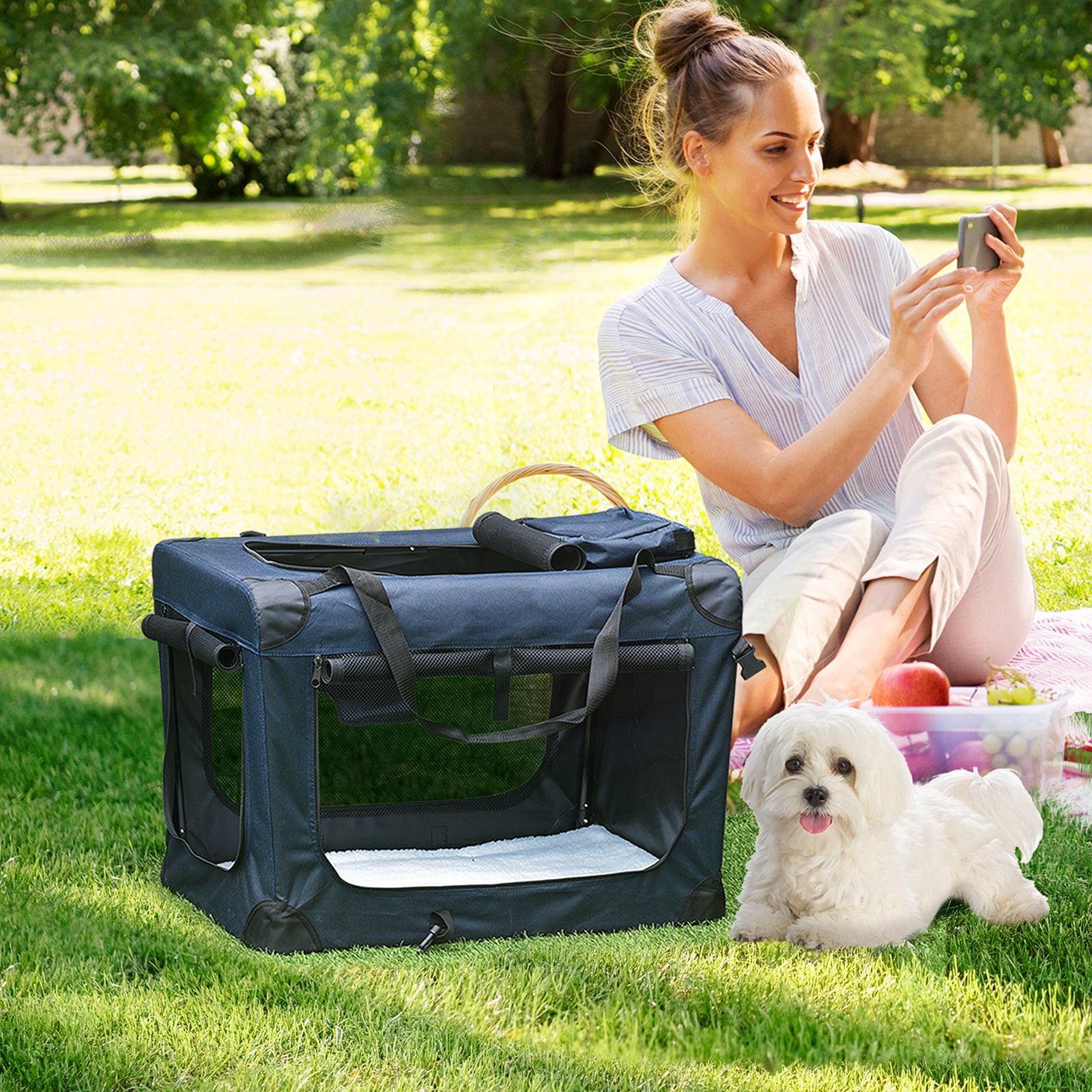 Foldable Pet Carrier for Small and Miniature Dogs, Portable Cat Carrier Soft Side Pet Travel Crate with Removable Mat, Storage Bags, Breathable Mesh 60 x 41.5 x 41cm - Dark Blue