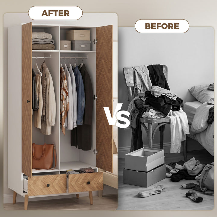 Cabinet Wood-Effect Sticker Surface, Modern Wardrobe with 2 Hanging Ro