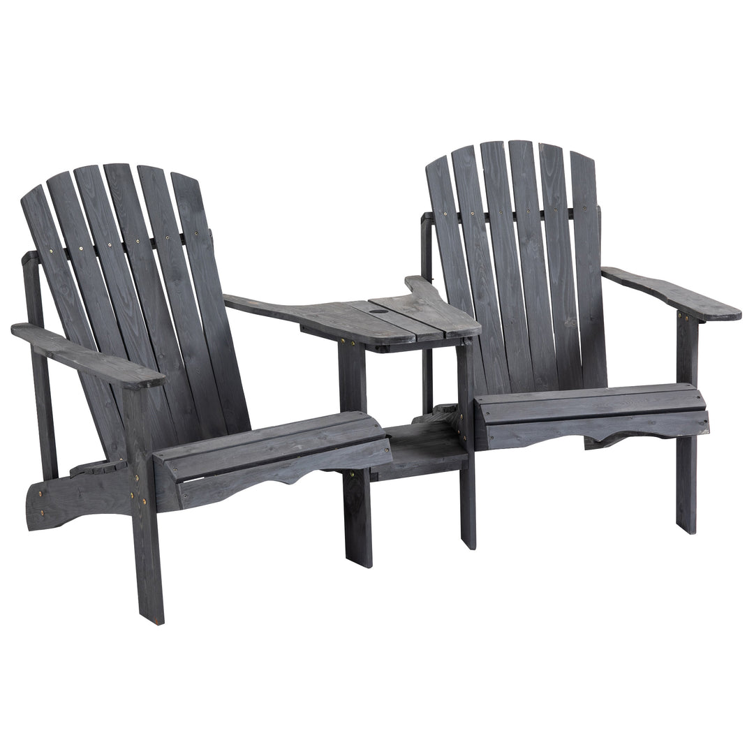 Wooden Outdoor Double Adirondack Chairs Loveseat w/ Centre Table and Umbrella Hole, Garden Patio Furniture for Lounging and Relaxing, Dark Grey