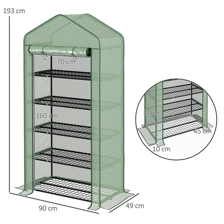 5 Tier Widened Mini Greenhouse with Reinforced PE Cover, Portable Indoor Outdoor Green House with Roll-up Door and Wire Shelves, 193H x 90W x 49Dcm, Green