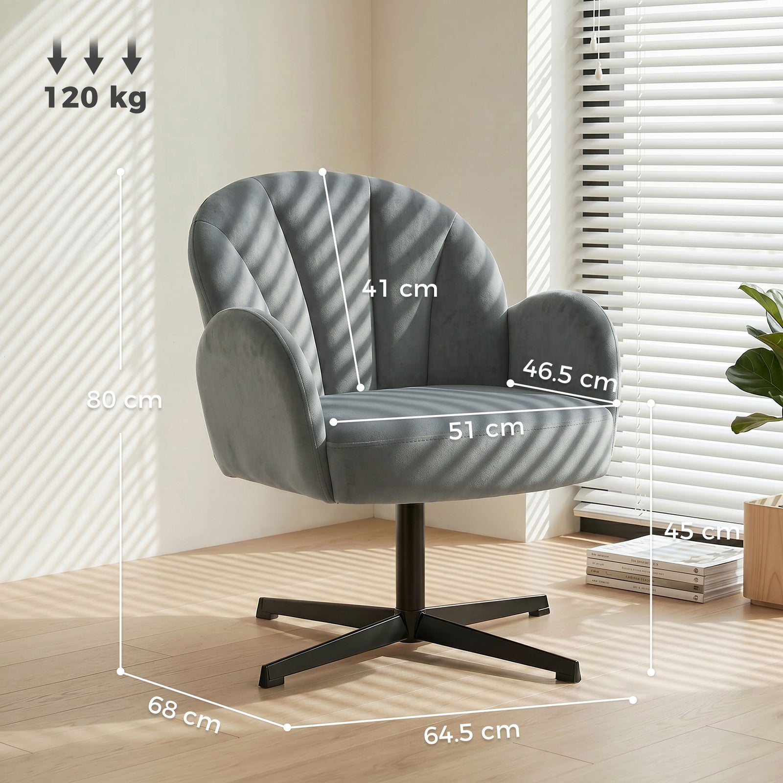 Swivel Accent Chair, Shell-Shaped Armchair with Spring Cushion, Metal 