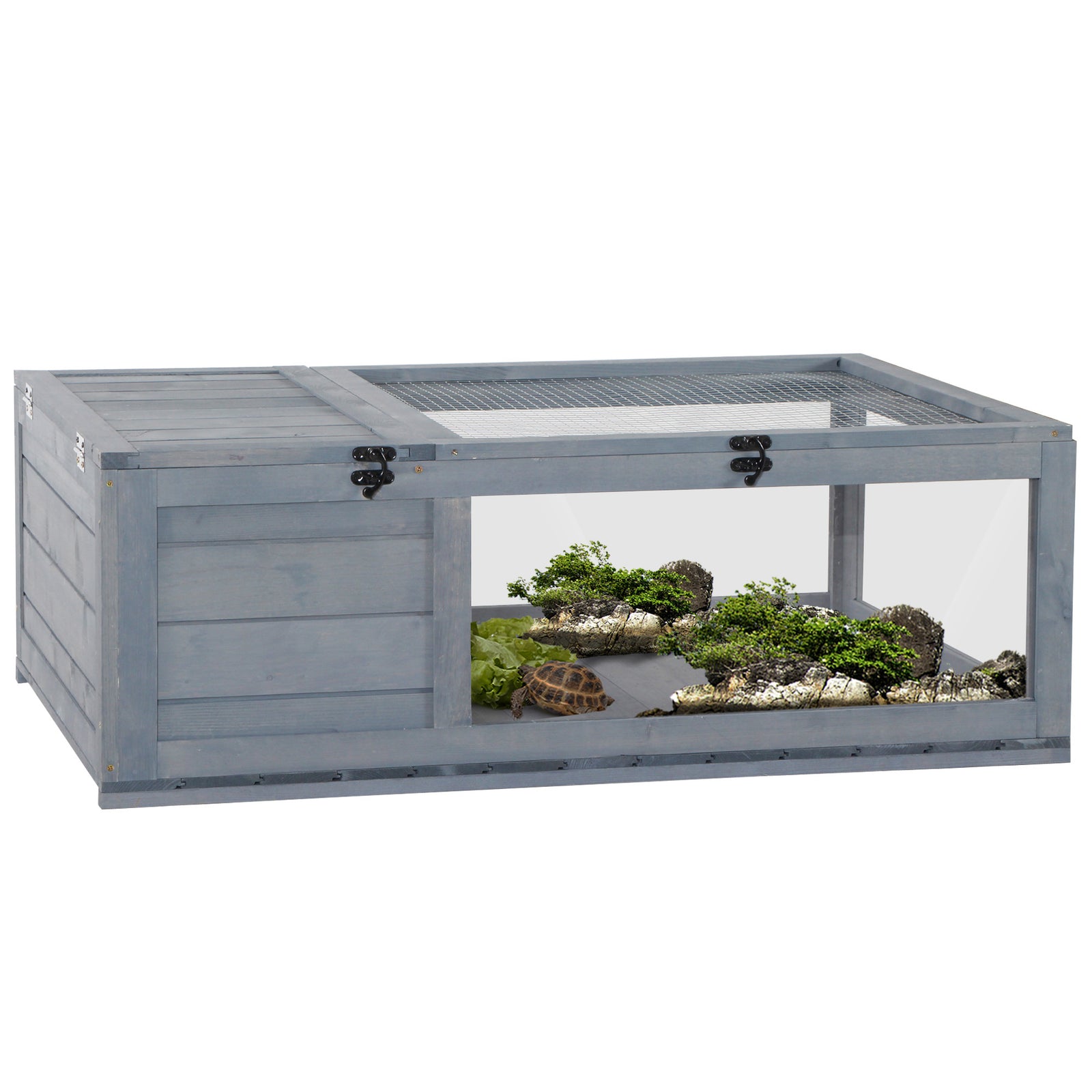 Tortoise House, Small Reptile Wooden House, with Mesh Roofs, Side Panels, for Turtles, Lizards, Geckos and Snakes