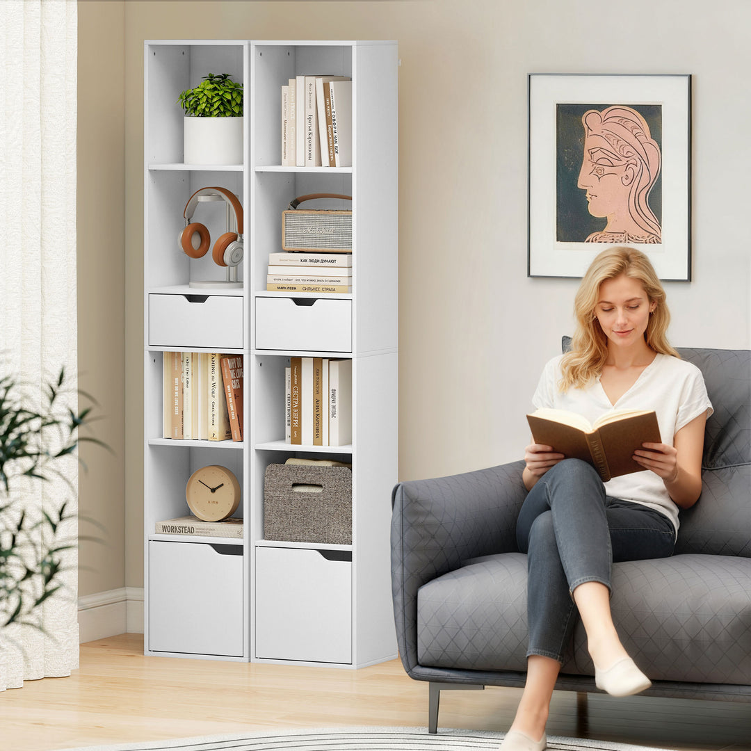 MCL 6-Tier Bookcase, Tall Narrow Bookshelf with Drawer and Door - White