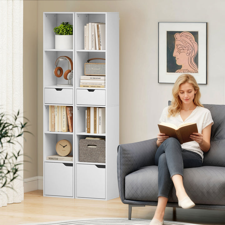 MCL 6-Tier Bookcase, Tall Narrow Bookshelf with Drawer and Door - White