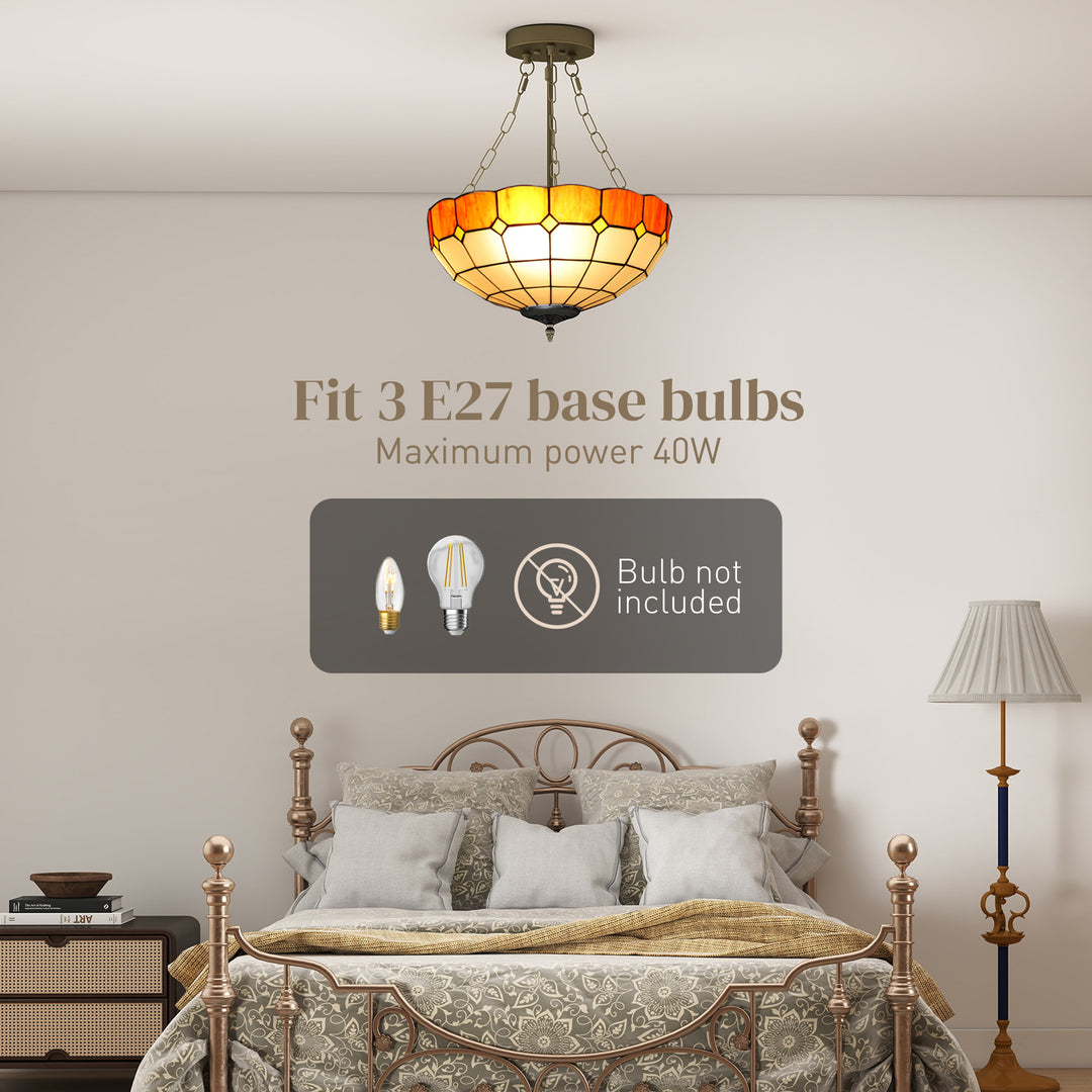 Tiffany Style Ceiling Light, Vintage Chandelier with 3 E27 Sockets, Se