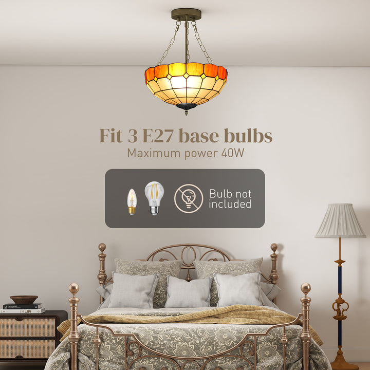 Tiffany Style Ceiling Light, Vintage Chandelier with 3 E27 Sockets, Se