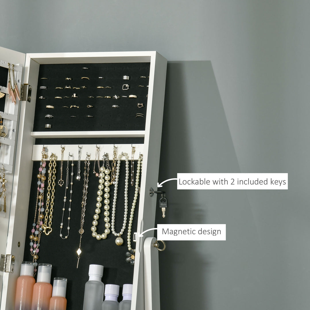 Full Length Mirror with Storage, Jewellery Cabinet with Mirror, Adjustable Angle and Stand, Lockable Jewellery Organiser for Bedroom Dressing Room, White