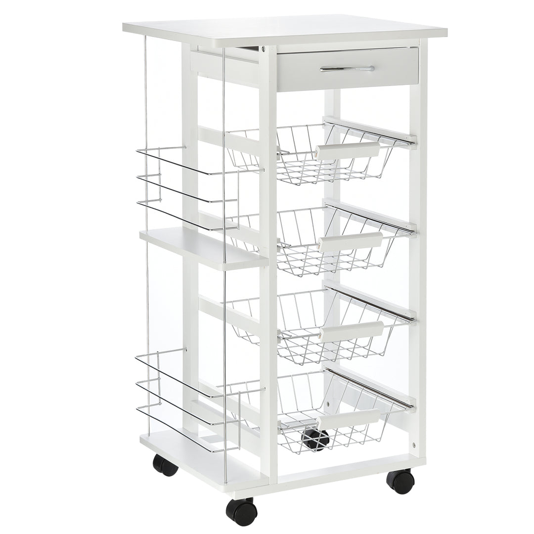 MCL Rolling Kitchen Cart, Utility Storage Cart with 4 Basket Drawers & Side Racks, Wheels for Dining Room, White