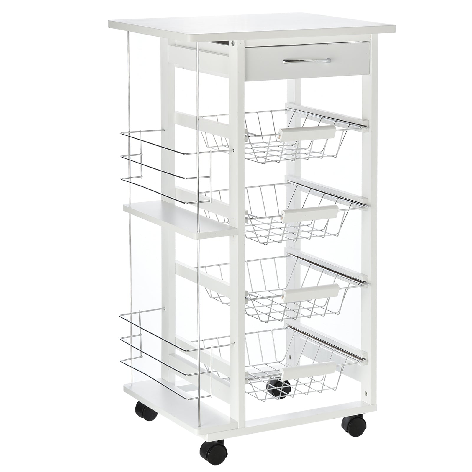 Rolling Kitchen Cart, Utility Storage Cart with 4 Basket Drawers & Side Racks, Wheels for Dining Room, White