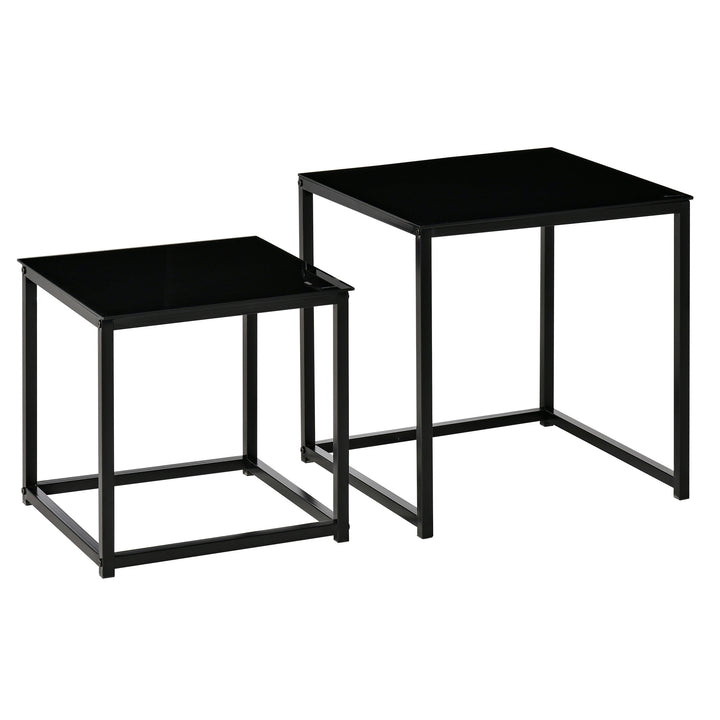 HOMCOM Set of 2 Nesting Side Tables, Modern Bedside Tables with Tempered Glass Top for Living Room, Bedroom, Office, Black