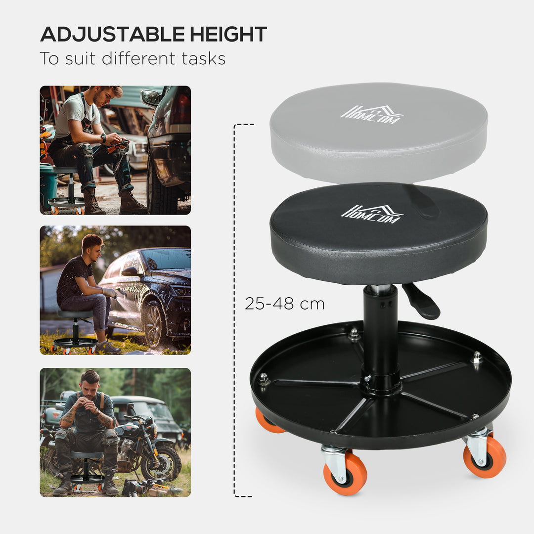 HOMCOM Workshop Stool w/ Pneumatic Adjustable Height, Rolling Mechanic Stool w/ 360° Swivel Padded Seat and Tool Tray for Garage, Workshop | Aosom UK