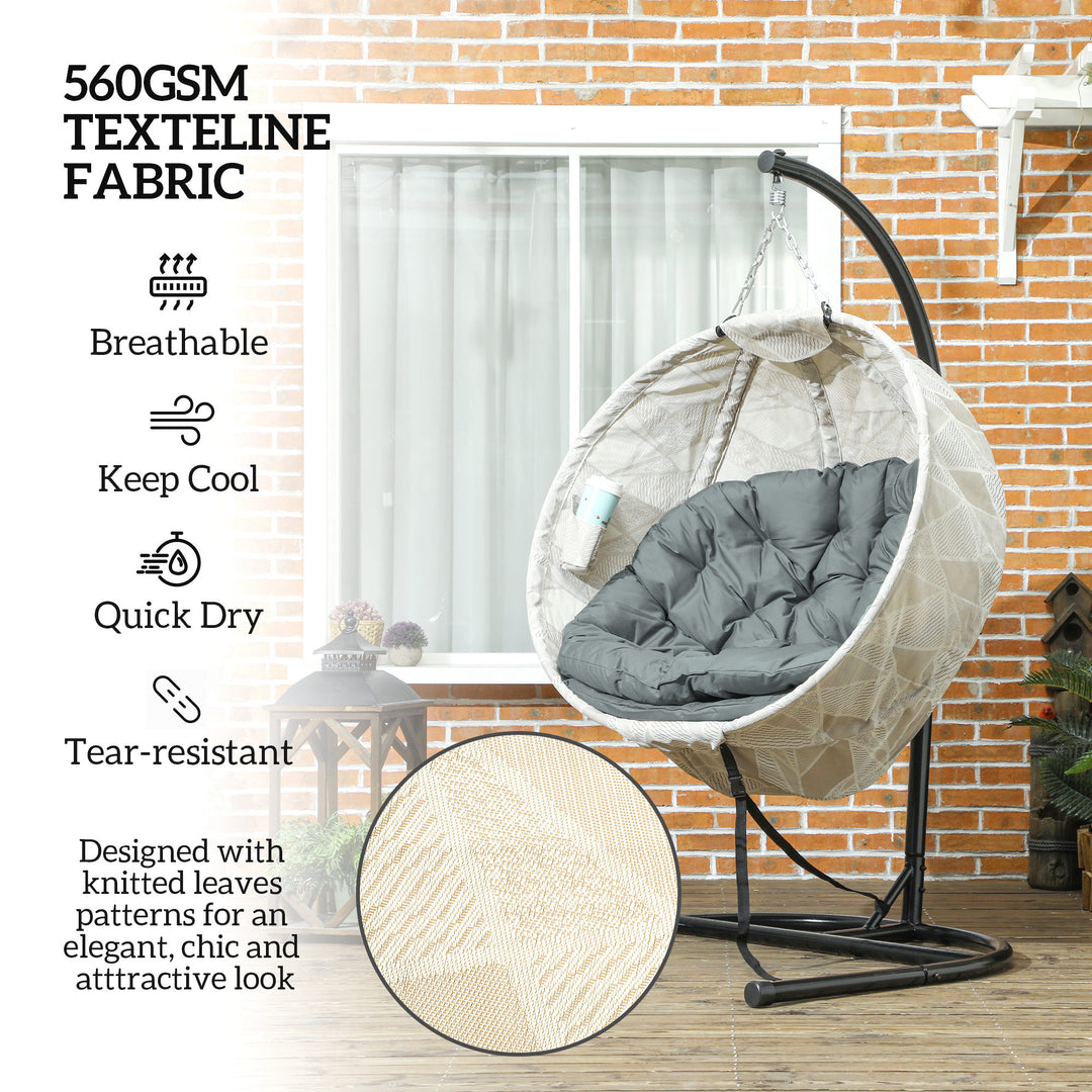 Hanging Egg Chair Outdoor Indoor Garden Swing Chair with Folding Basket, Garden Hanging Chair with Stand, Thickened Cushion, Cup Holder for Patio, Balcony, Grey
