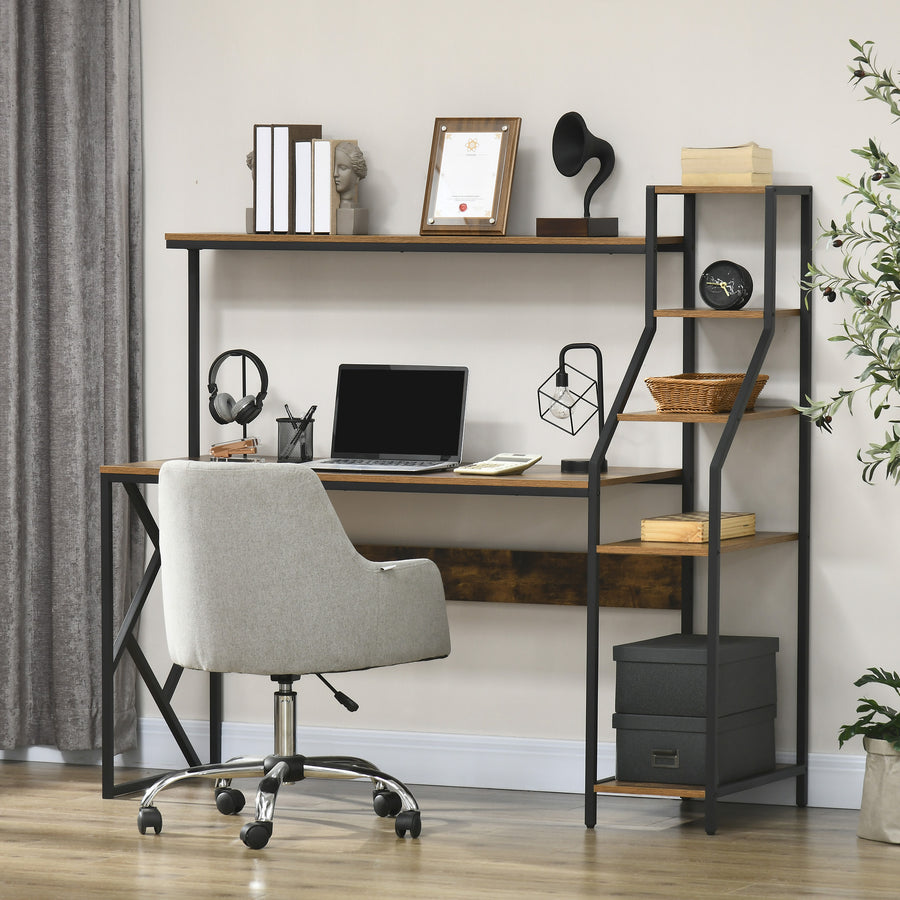 Computer Desk with Bookshelf, Industrial Writing Table with 6 Tier Storage Shelves for Home Office, Bedroom, Study, 150 x 55 x 138cm, Rustic Brown
