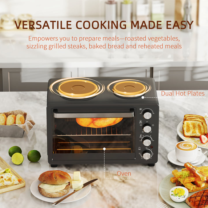 28L Mini Oven with 2 Hot Plates, Countertop Toaster Oven, Grill, Roast, Bake, Boil, with Timer, Adjustable Temperature, Electric Oven with Baking Tray, Grill Rack, Crumb Tray, 2600W, Black