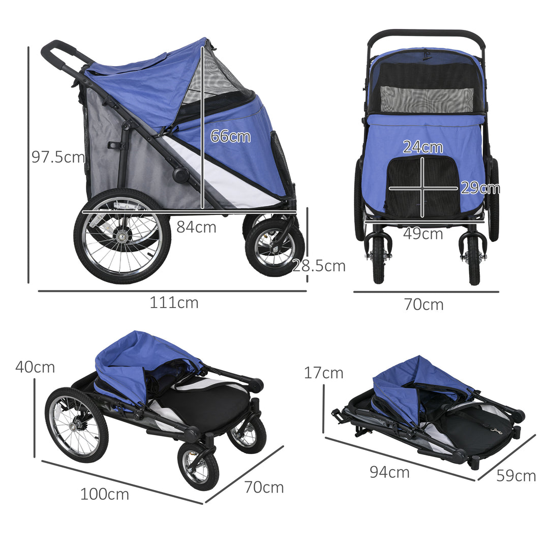 Foldable Pet Stroller, with Washable Cushion, Storage Bags, Safety Leash, for Medium, Large Dogs, Cats - Blue