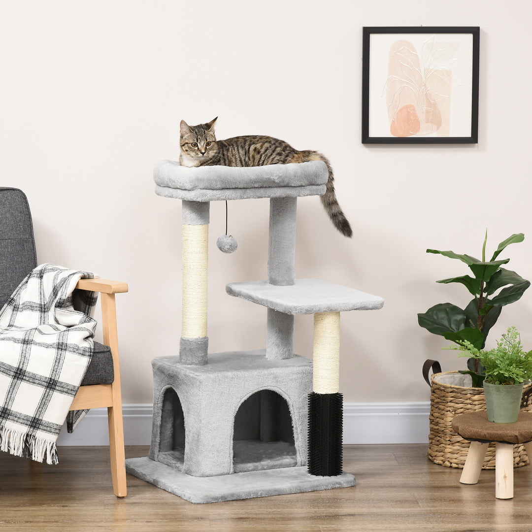 PawHut Cat Tree Tower with Sisal Scratching Posts, Kitten Climbing Activity Centre, Massage Toy Included, 48 x 48 x 80cm, Light Grey | Aosom UK