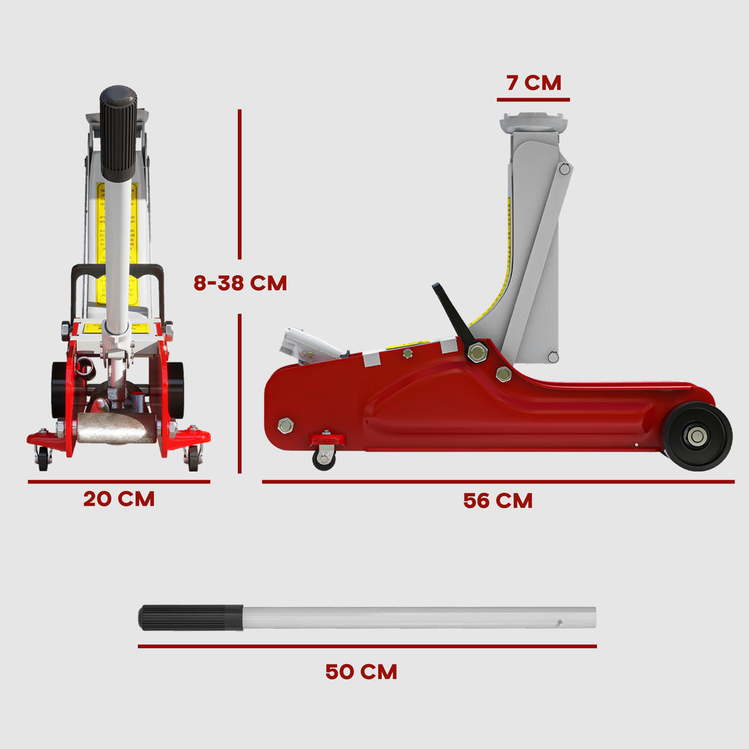 Low Profile Jack, Hydraulic Racing Floor Jack, 8-38cm Lifting Range, 2.5 Ton Capacity, Red