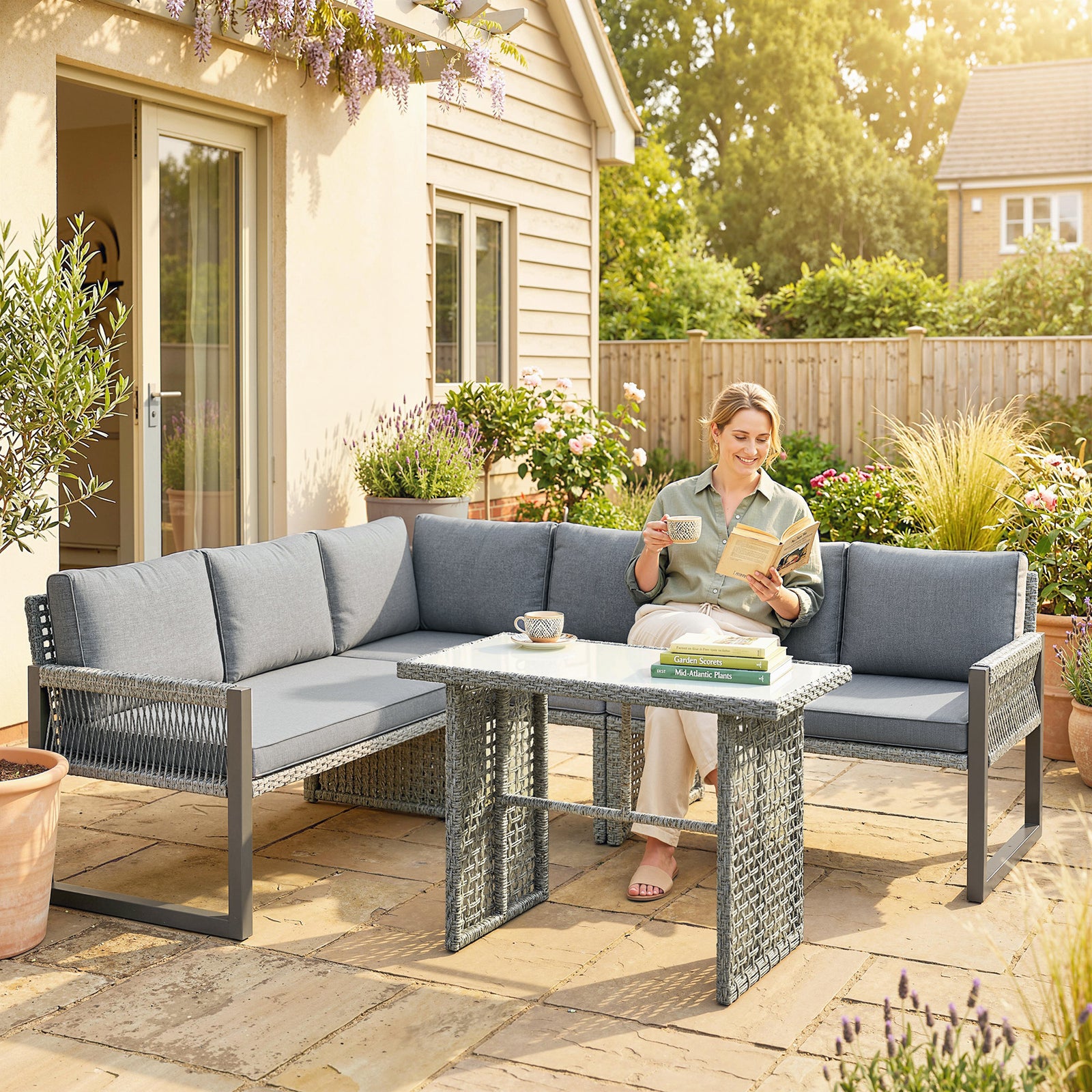 6 Seater Rattan Garden Furniture Set with 3 Loveseats, Table, Patio Ra