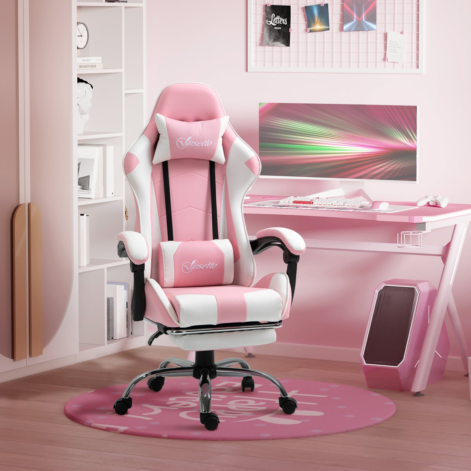 Ergonomic Gaming Chair, PU Leather Reclining Computer Chair with Footrest and Lumbar Support, Headrest and Adjustable Height for Adults, Pink