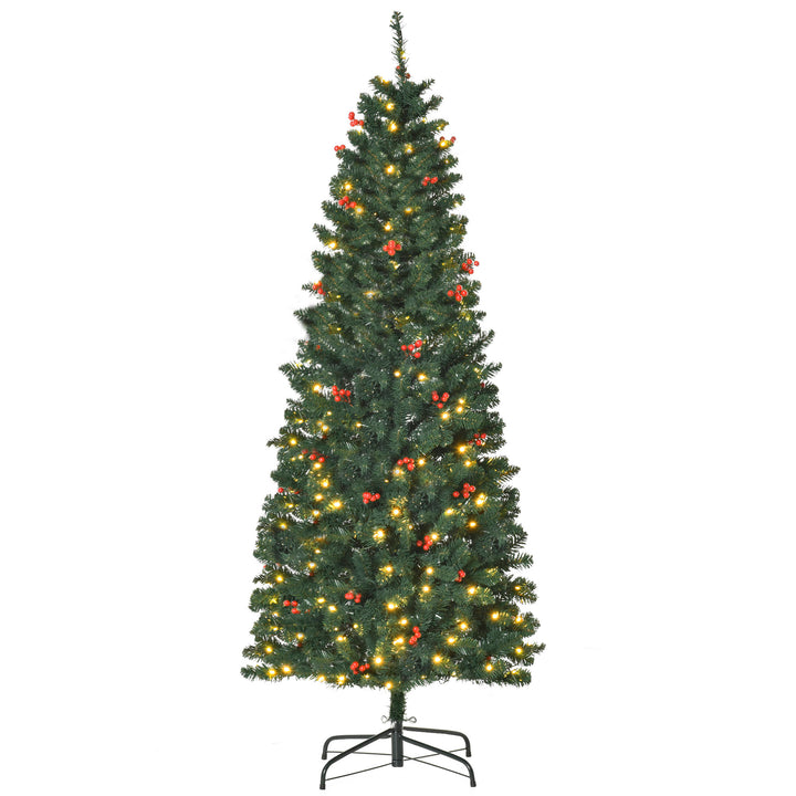 HOMCOM 6FT Prelit Artificial Pencil Christmas Tree with Warm White LED Light, Red Berry, Holiday Home Xmas Decoration, Green | Aosom UK