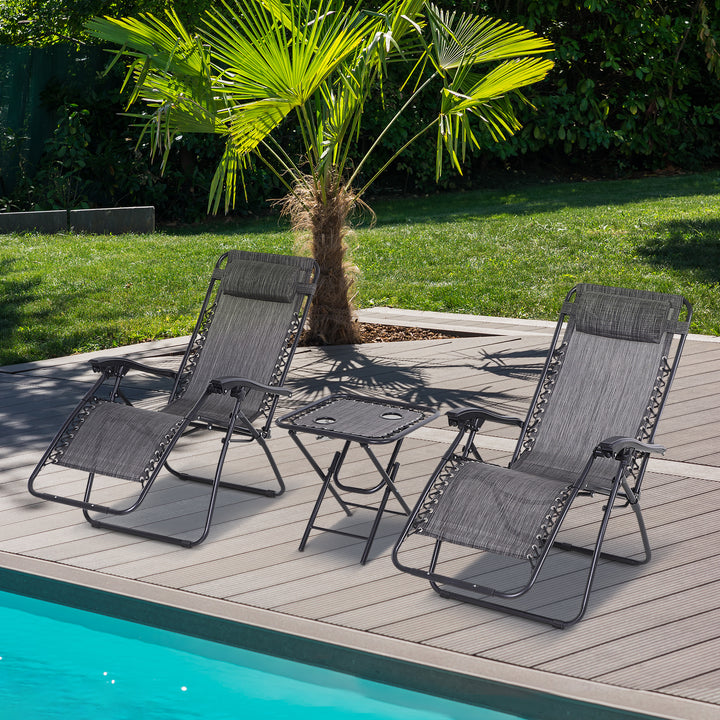 MCL 3pcs Folding Zero Gravity Chairs Sun Lounger Table Set w/ Cup Holders Reclining Garden Yard Pool, Light Grey