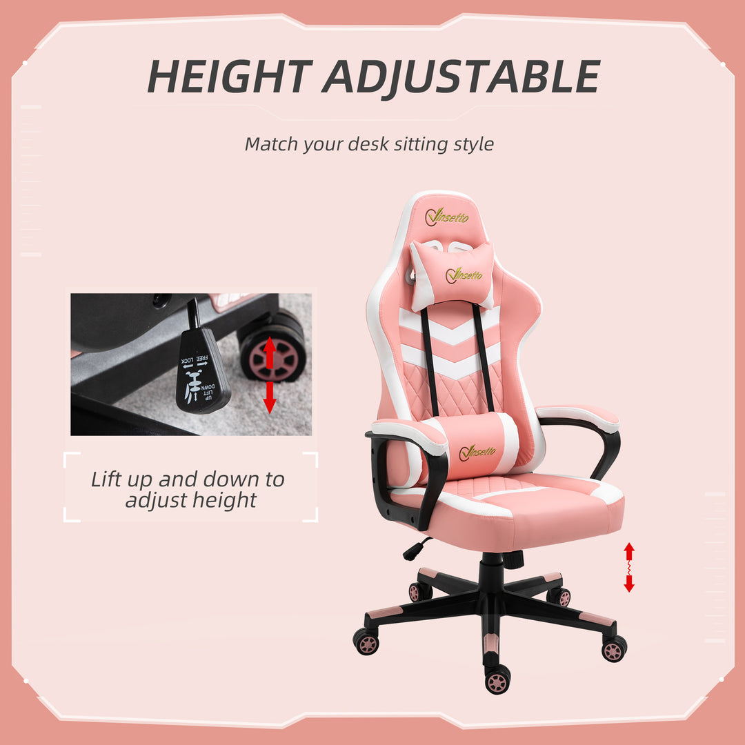 Vinsetto Racing Gaming Chair with Lumbar Support, Headrest, Swivel Wheel, PVC Leather Gamer Desk Chair for Home Office, Pink White