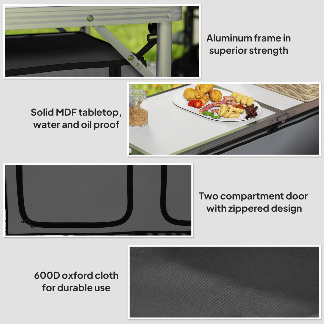 4ft Folding Camping Cupboard Kitchen, Height Adjustable Aluminium Camping Table with Storage, Lightweight Picnic Table for Outdoor Garden BBQ Party