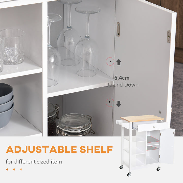 Kitchen Trolley, Kitchen Island on Wheels, w/ Wood Top, 3 Shelves and Storage Cupboard, White