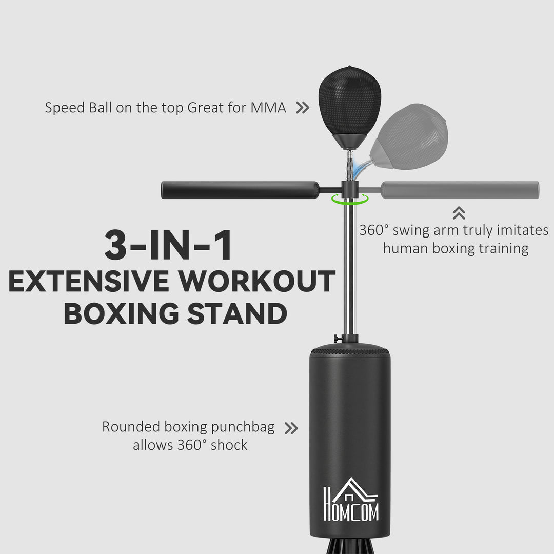 MCL 155-205cm 3-IN-1 Freestanding Boxing Punching Bag Stand, Boxing Speed Trainer with Rotating Flexible Arm, Speed Ball, Fillable Base, Black