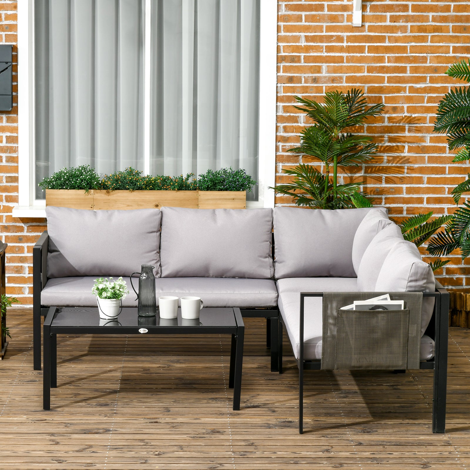 5 Seater Garden Corner Sofa Set, 4 Pieces Metal Garden Furniture Set with Loveseats, Glass Top Coffee Table, Breathable Mesh Pocket, Outdoor Conversation Furniture with Cushions, Light Grey